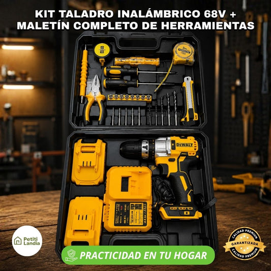 KIT TALADRO INALÁMBRICO 68V + MALETÍN COMPLETO DE HERRAMIENTAS