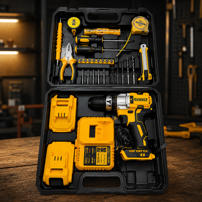 KIT TALADRO INALÁMBRICO 68V + MALETÍN COMPLETO DE HERRAMIENTAS