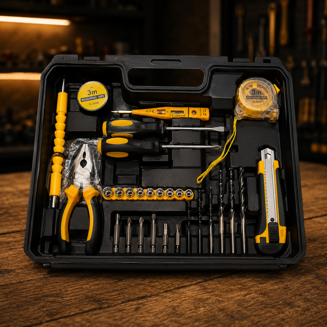 KIT TALADRO INALÁMBRICO 68V + MALETÍN COMPLETO DE HERRAMIENTAS
